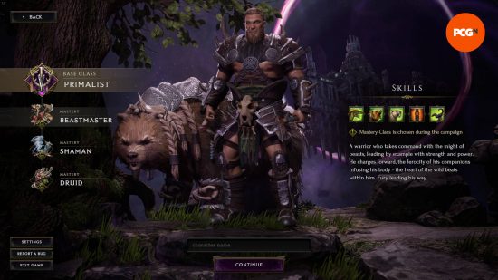 Best Last Epoch builds: a Beastmaster and their bear. Their skills are to the right.
