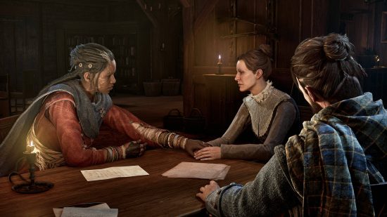 Best new PC games: a woman holding another woman's hand inside a tavern in Banishers: Ghosts of New Eden.