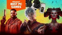 The best PC games to try right now: deathloop, baldur's gate 3, portal 2, and diablo 4 characters on a blue and yellow gradient