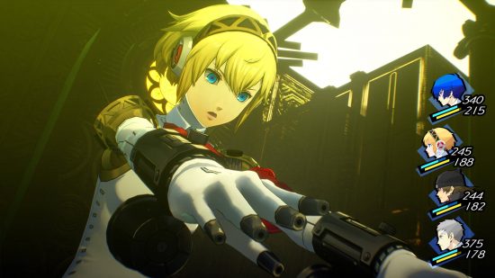 Best RPGs: Aegis is preparing to shoot at enemies with her finger guns in Persona 3 Reload.