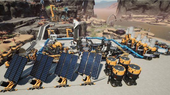 Best Satisfactory mods: a base made using the Satisfactory Plus mod, complete with solar panels and more.