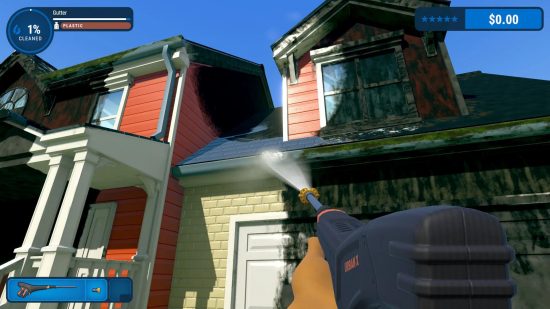 Best simulation games: Powerwash simulator shows a house half clean and half filthy and a first-person view of pressure washing it clean