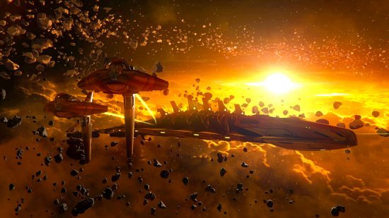 Best space games: Space detritus among the clouds, with spacecraft flying around in Endless Space 2.