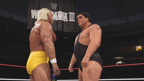 Best sports games: Hulk Hogan is confronting Andre The Giant in Wrestlemania III, part of WWE 2K24's Showcase mode.