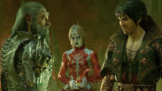 Best rurn based rpgs: three people have a discussion, one demon woman with pure white eyes, an older man wearing armor, and another man with shaggy black hair.
