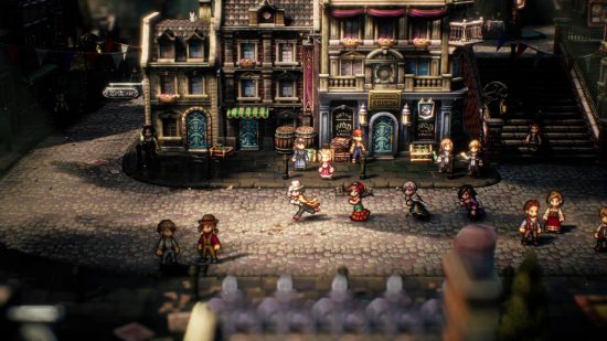 A party of heroes dashes down a cobbled street in Octopath Traveler 2, one of the best turn-based RPGs.