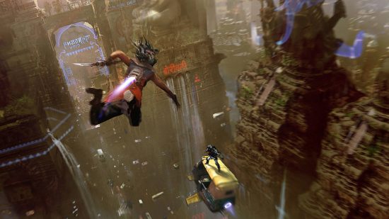 Beyond Good and Evil 2 release date: a woman leaping from a vehicle with a jetpack active, toward a police officer above a floating tuktuk in the middle of an Indian themed metropolis.