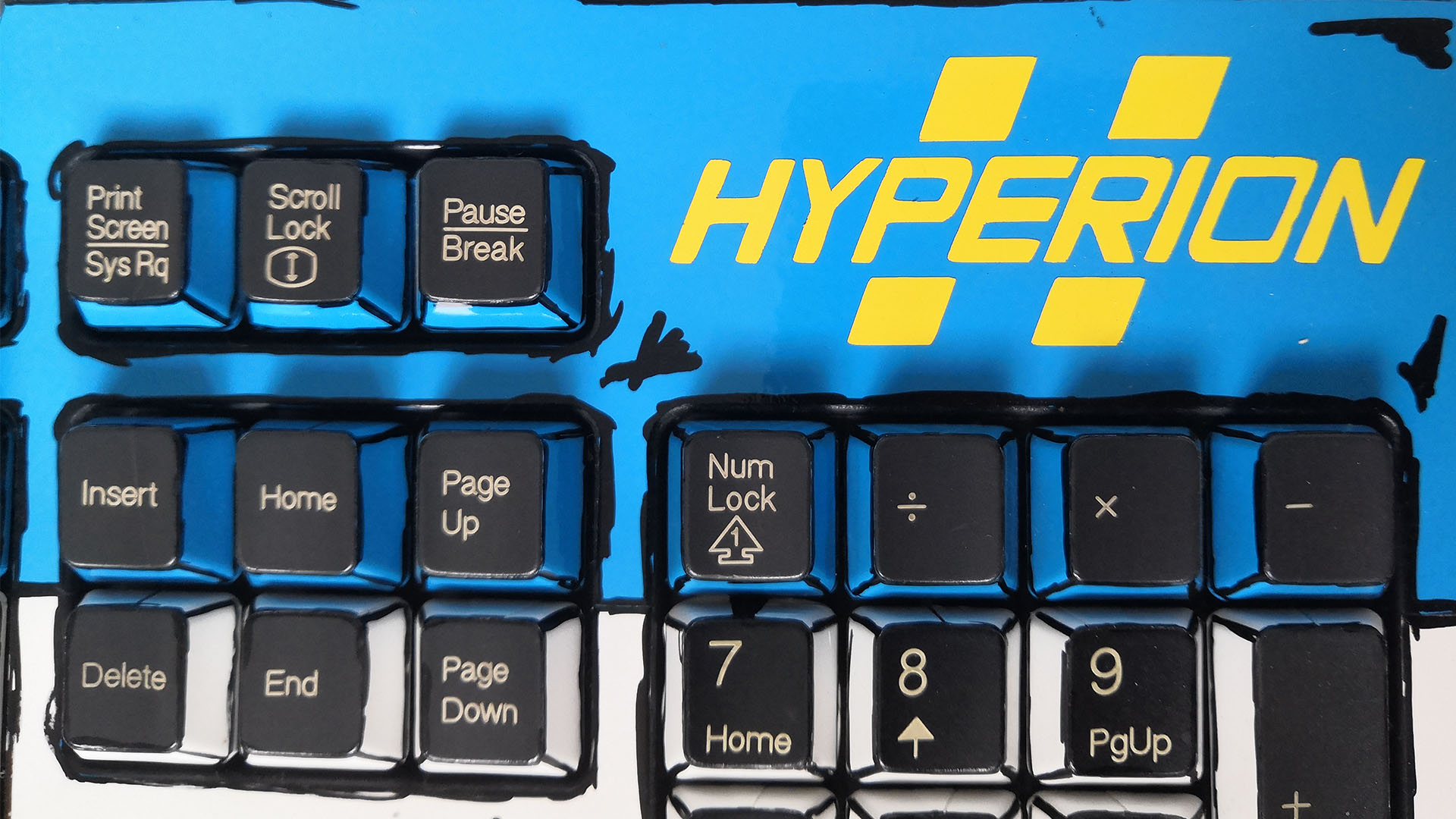 A vinyl-wrapped keyboard that looks like Borderlands cel-shading