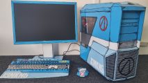 A blue Borderlands-themed gaming PC that is cel shaded