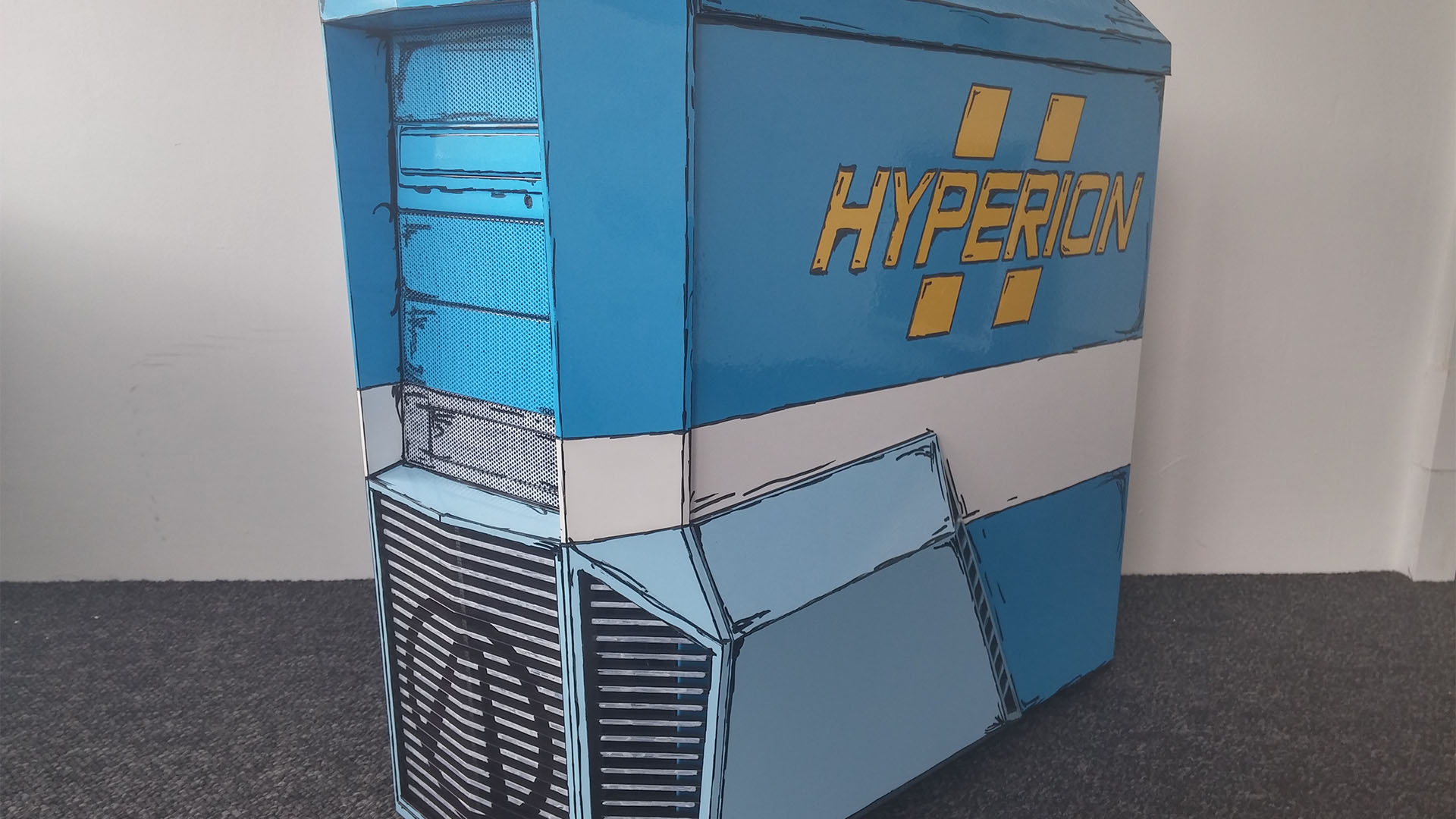 A Borderlands gaming PC build with vinyl wrapping used for the design