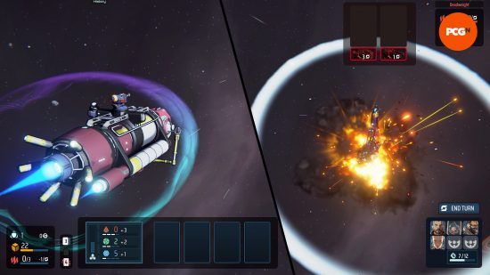 Breachway combat - two ships face off in the new space strategy game, one of them exploding.