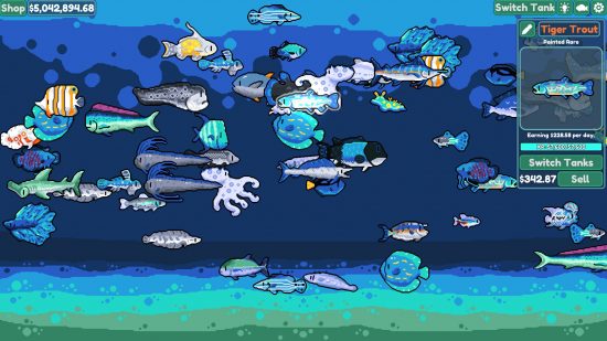 A variety of blue fish swim around a blue aquarium in Chillquarium, one of the best clicker games.