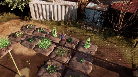 City 20 is a new sandbox survival game blending Stalker, Fallout, and The Sims - A man grows crops on a small plot surrounded by rusting cargo containers.