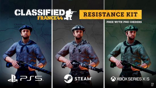 Three outfits that are available as part of the Classified France '44 preorder.
