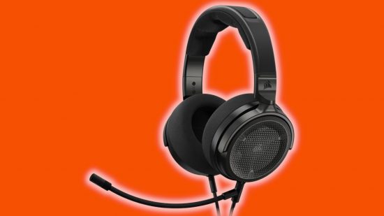 The Corsair Virtuoso Pro gaming headset, surrounded by a white glow, against an orange background