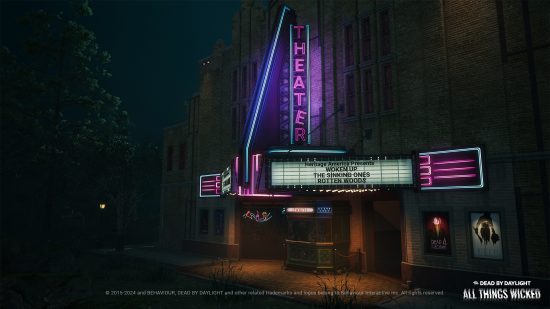 The neon-lit movie theatre in Greenville Square, the map coming with the DBD Chapter 31 release date.