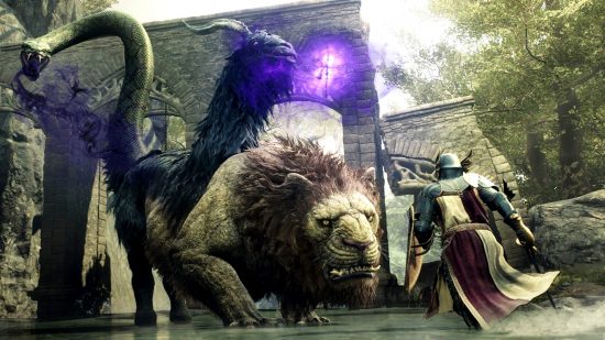 The Chimera, one of the Dragon's Dogma 2 enemies, is seen attacking from two of it's three heads: A lion, a goat, and a snake.