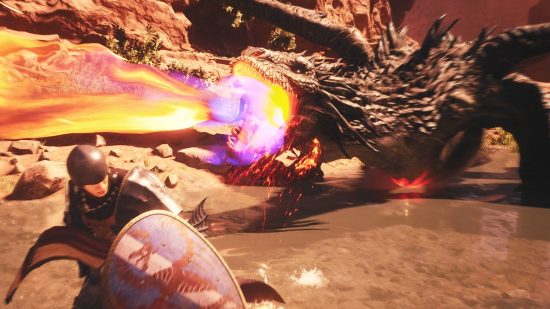 DD2 enemies: A large dragon, the Drake, spews flames from its mouth in Dragon's Dogma 2.