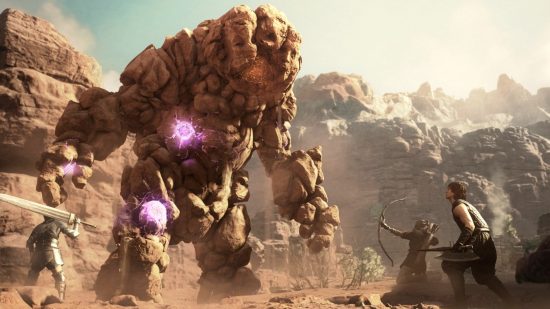 One of the DD2 enemies, The Golem, a large, sand-colored rock monster, looms over human characters.