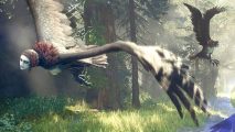 A beautiful bird with the upper body of a woman flies through the world of Dragon's Dogma 2.