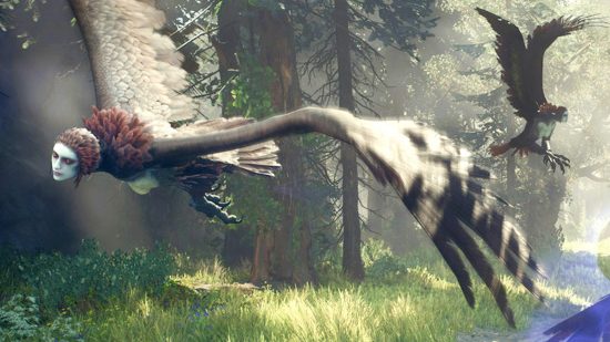 A beautiful bird with the upper body of a woman flies through the world of Dragon's Dogma 2.