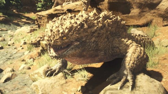A toad, lizard like DD2 monster, the Rattler, looks like a rock thanks to its jagged back.