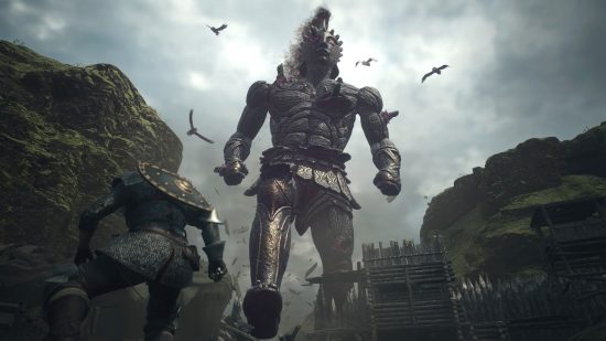 A tremendously large bronze giant marches through Dragon's Dogma 2.