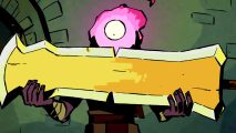 Dead Cells update 35 will be its last - The beheaded, a person with an eyeball swathed in pink fire for a head, holding a large greatsword with both hands.