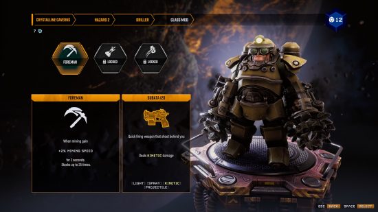 Deep Rock Galactic Survivor classes: a miner wearing armor, and drills on his hands.