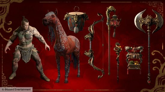 Diablo 4 Lunar Awakening rewards, including dragon tattoos, a red horse, and red-and-gold weaponry.