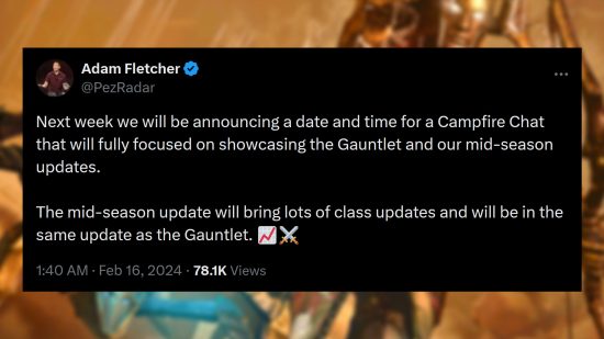 Diablo 4 Season 4 campfire chat - Community manager Adam Fletcher writes: "Next week we will be announcing a date and time for a Campfire Chat that will fully focused on showcasing the Gauntlet and our mid-season updates. The mid-season update will bring lots of class updates and will be in the same update as the Gauntlet."