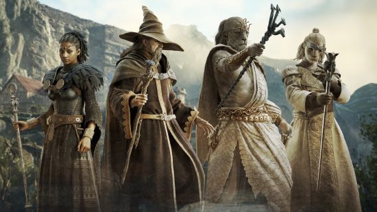 four mages from dragons dogma 2 wearing different sets of armor