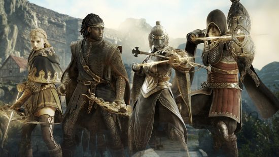 four magick archers from dragons dogma 2 wearing different sets of armor