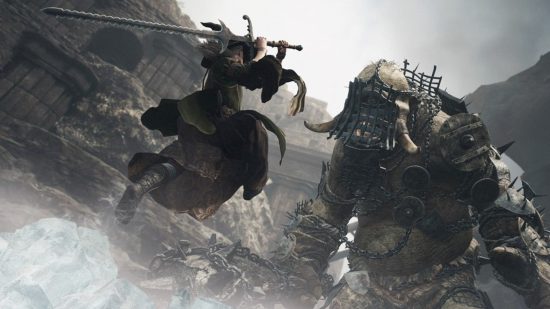 A warrior heaping towards a cyclops while wielding a large sword overhead.