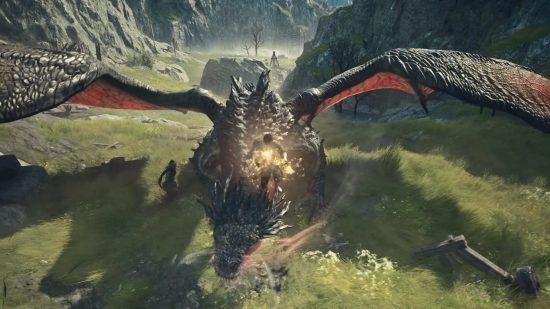 Dragon's Dogma 2 release date: A Mage balances precariously on top of a dragon's head during a battle in the wilds of the open world.