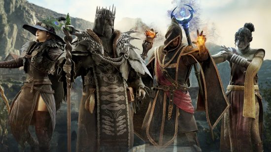 four sorcerers from dragons dogma 2 wearing different sets of armor