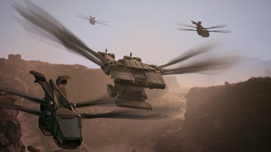 Dune Awakening: several dragonfly-type aircraft fly over a desert.