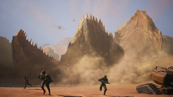 Dune Awakening: several soldiers run from a giant sandworm erupting from the ground.