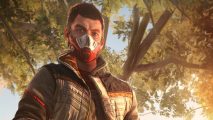 Dying Light 2: A playable character wearing face mask stands in front of a tree