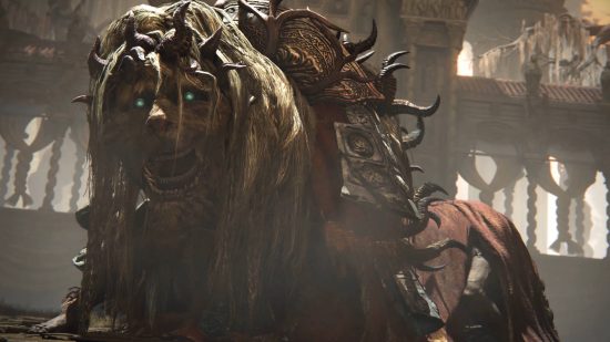 Elden Ring Shadow of the Erdtree DLC: a huge beast with robes and many limbs, and the face of a lion.