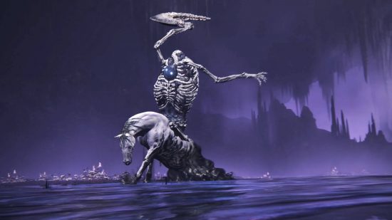 Elden Ring Shadow of the Erdtree DLC: a skeleton knight on an undead horse throwing its arm like a boomerang.
