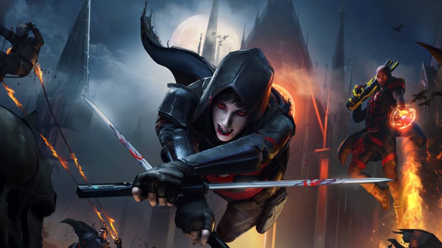 EvilVEvil: A hooded vampire woman with pale skin lunges at the camera, two katanas crossed in front of her, as a man wielding fire stands in the background