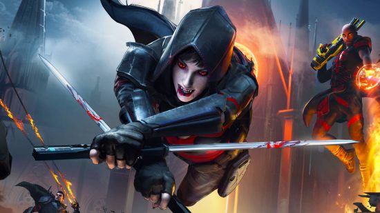 New Vampire FPS game is Redfall but good: A hooded vampire woman with pale skin lunges at the camera, two katanas crossed in front of her, as a man wielding fire stands in the background