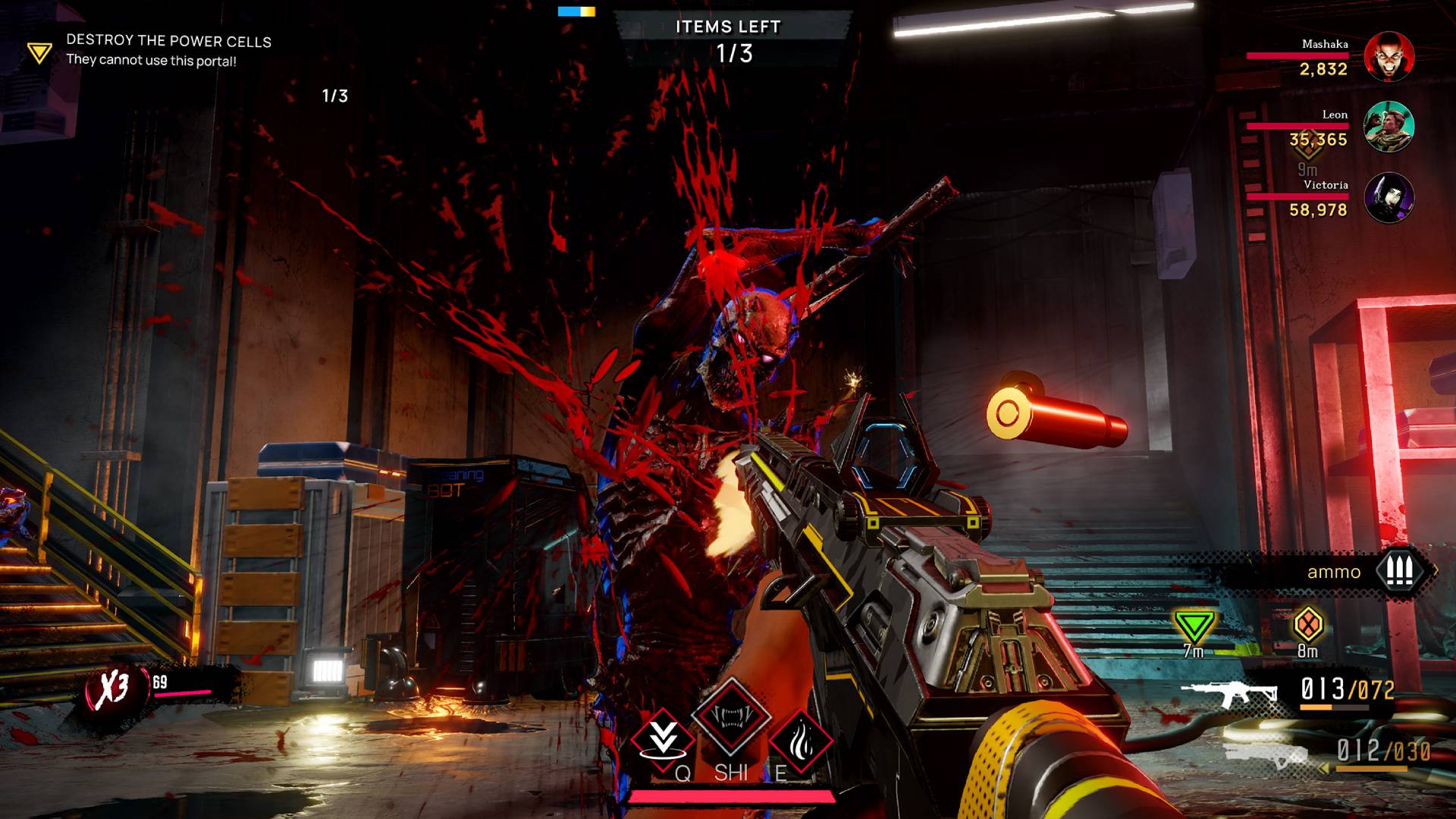A player shooting an enemy, blood splattering everywhere