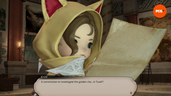 FF14 Dawntrail interview - Krile, a Lalafell wearing a yellow hoody with animal ears. She reads a message, which she describes as 