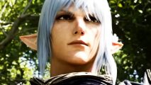 FF14 Dawntrail interview with Kate Cwynar - Estinien, a tall man with white hair and pointed ears.