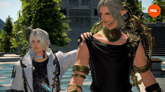 FF14 Dawntrail interview - A shorter, white-haired man (Thancred) puts a hand on the shoulder of a taller, silver-haired man (Urianger).