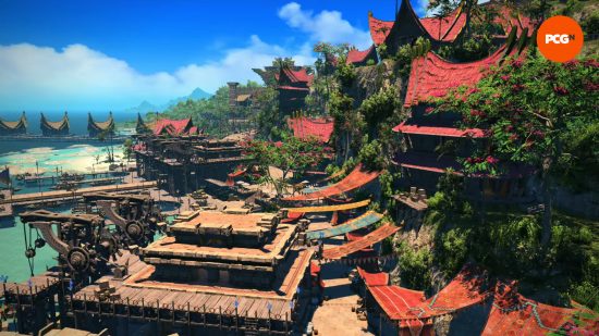 Entrevista FF14 Dawntrail: casas junto al mar en la ciudad de Tuliyollal, el centro de la nueva expansión del MMORPG.