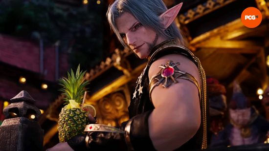 FF14 Dawntrail interview - Urianger, a silver-haired man with pointed ears, looks back at you as he holds a cocktail in a pineapple.