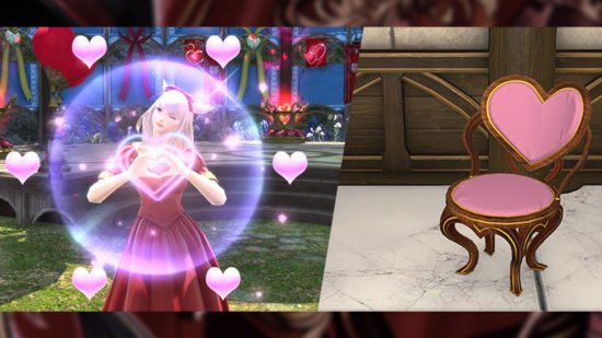 FF14 Valentione's Day 2024 rewards - A Miqote performing the new Love Heart emote, and a heart-shaped chair, both included in the new limited-time event for FFXIV.